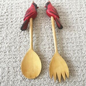 Wooden Salad Serving Set Cardinal Bird Utensils Fork Spoon Farmhouse Cottage